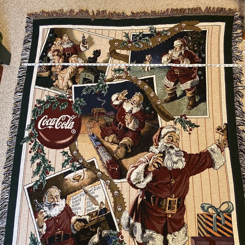Vintage 1997 Coca Cola Santa Collage Tapestry Afghan Throw USA Made 100% Cotton
